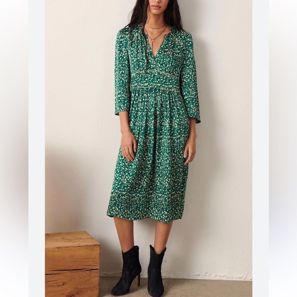 ba&sh Esmee Green and White Viscous Midi Dress with Sleeves
